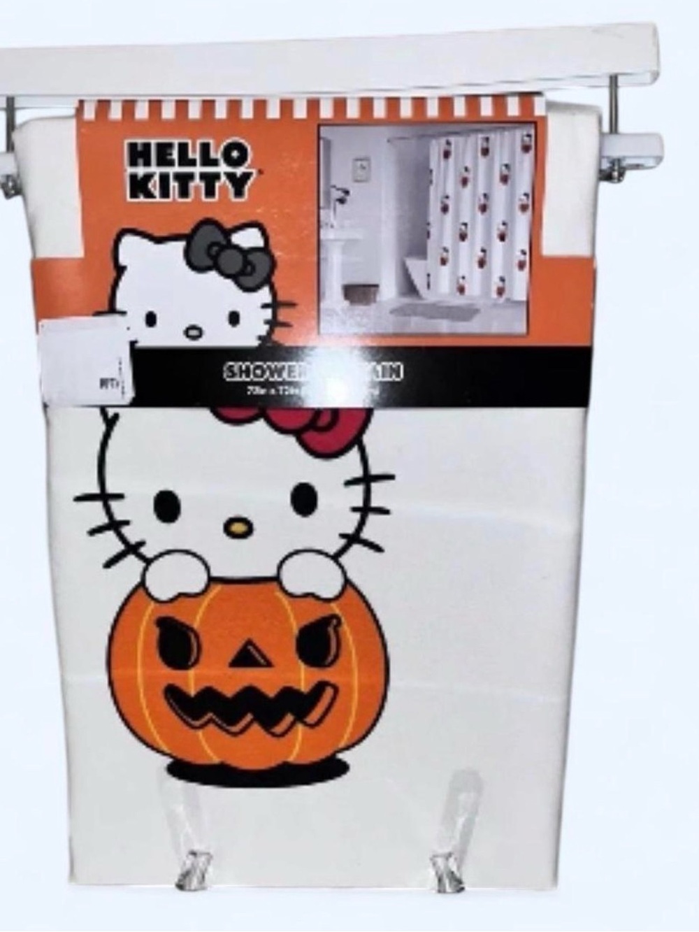 Hello Kitty White Shower Curtain with Orange Pumpkin and Pink Bow